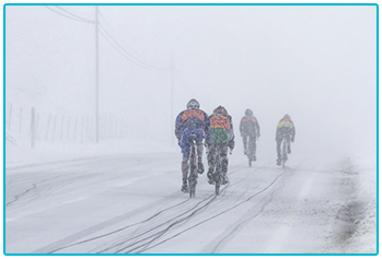 Winter cycling - group of cyclists in the snow