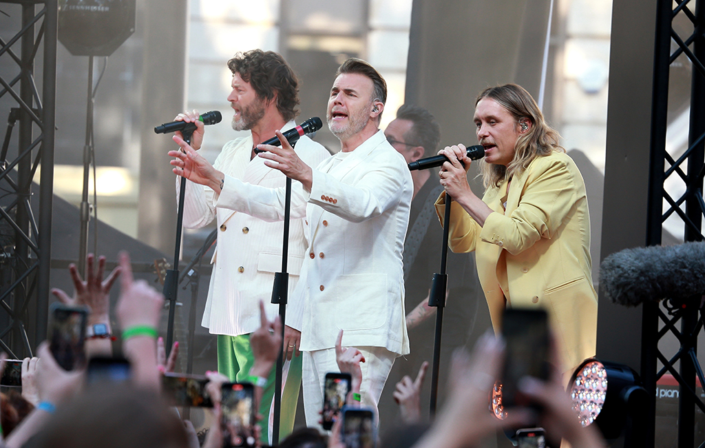 London, United kingdom - June 15, 2023: (L to R) Howard Donald, Gary Barlow and Mark Owen of Take That attend  "Greatest Days" World Premiere at Odeon Luxe Leicester Square in London, England.