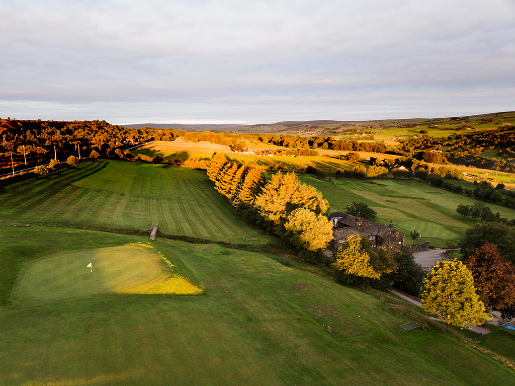 Aerial view of the golf course at Norland in the early morning, Calderdale, West Yorkshire, UK