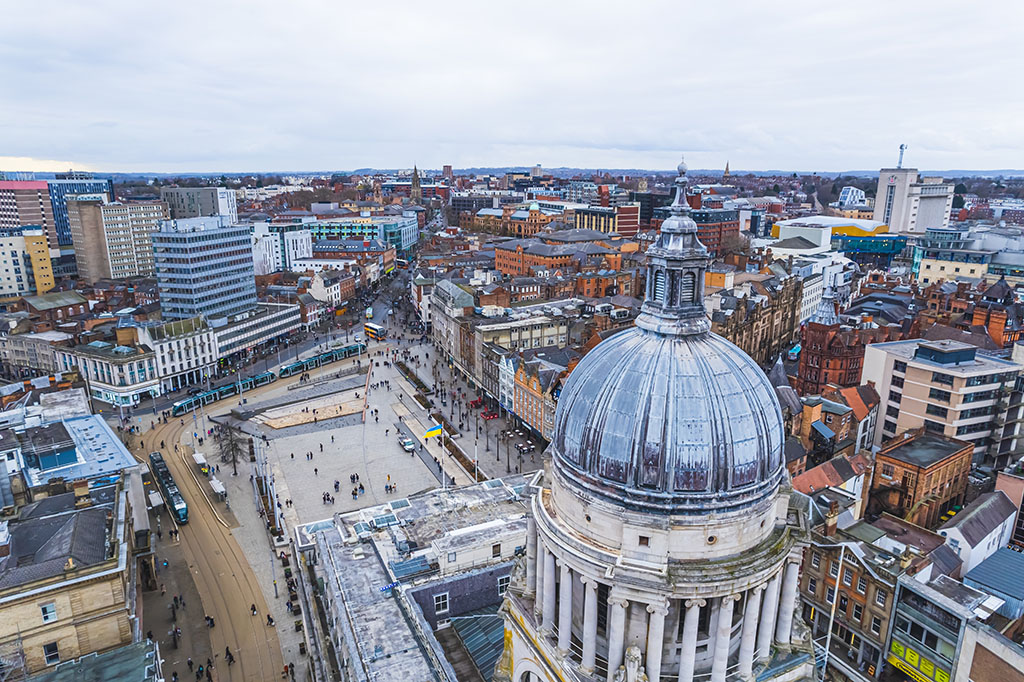 Old Market Square in Nottingham from the sky, offices and houses, United Kingdom. High quality photo