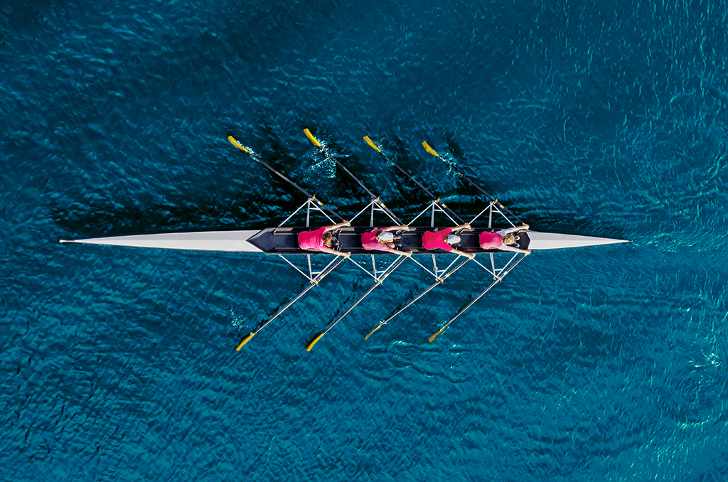 Women's rowing team on blue water, top view