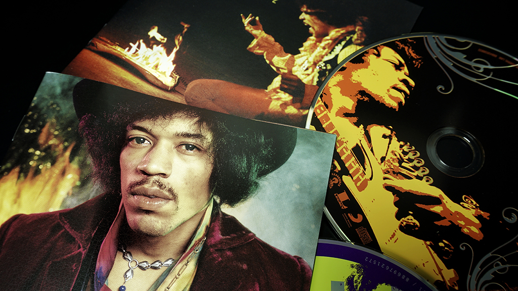 Rome, Italy - January 20, 2021, cd The Jimi Hendrix Experience first group headed by the Great Jimi Hendrix, bassist Noel Redding, drummer Mitch Mitchell and cd Live at Monterey posthumous live album.