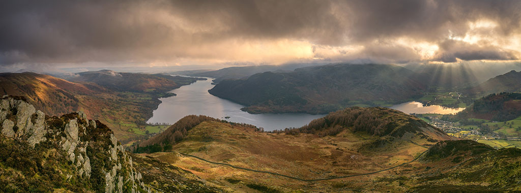 A dramatic view across a moody Ullswater in the Lake District