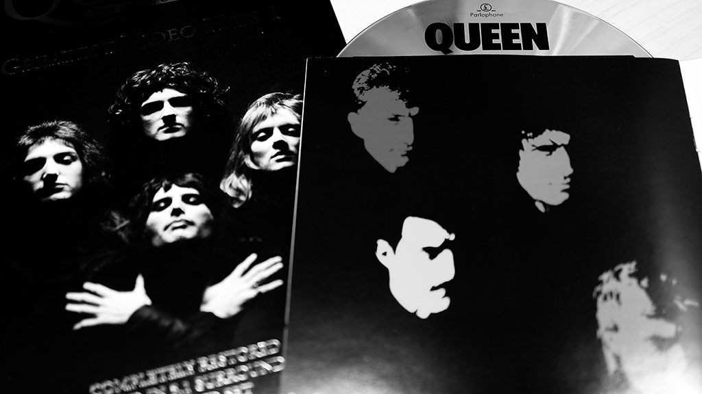 Rome, February 12, 2019: Collection of CD and DVD inserts and covers of the British rock group Queen. the rock band of singer Freddy Mercury who died of AIDS in 1991